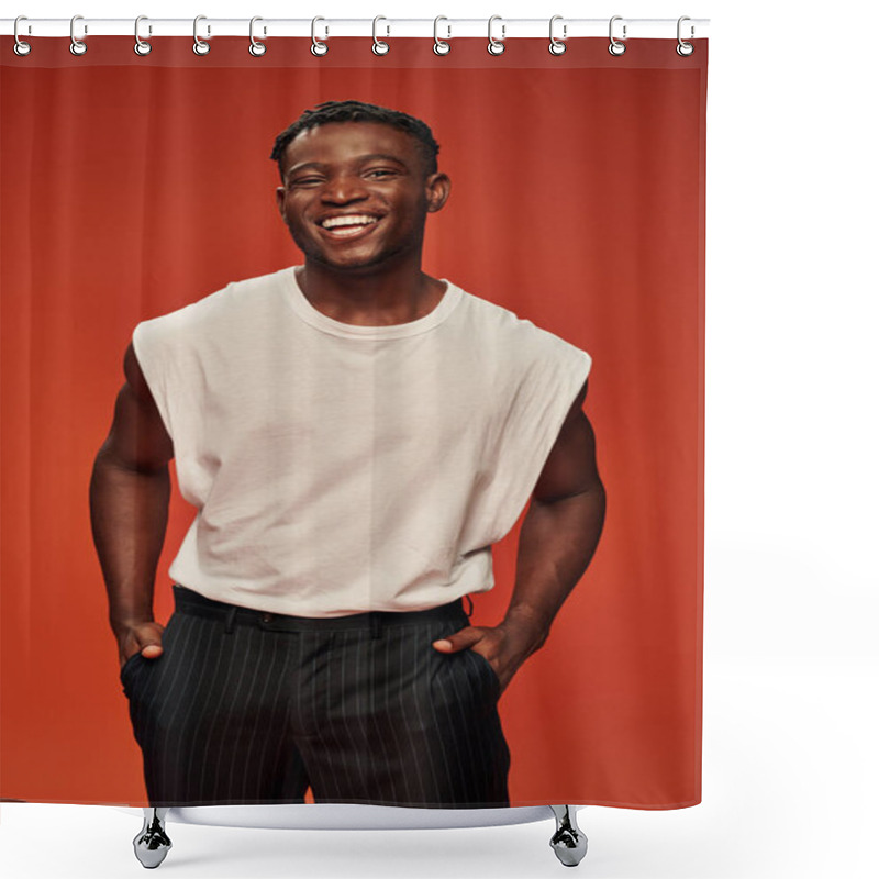 Personality  Cheerful African American Man With Hands In Pockets Smiling At Camera On Red, Hot And Happy Guy Shower Curtains