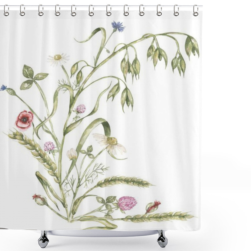 Personality  Watercolor Green Wheat And Oat Branch With Poppy, Clover And Daisy Flowers Bouquet Illustration, Hand Drawn Field Flora Arrangement Shower Curtains