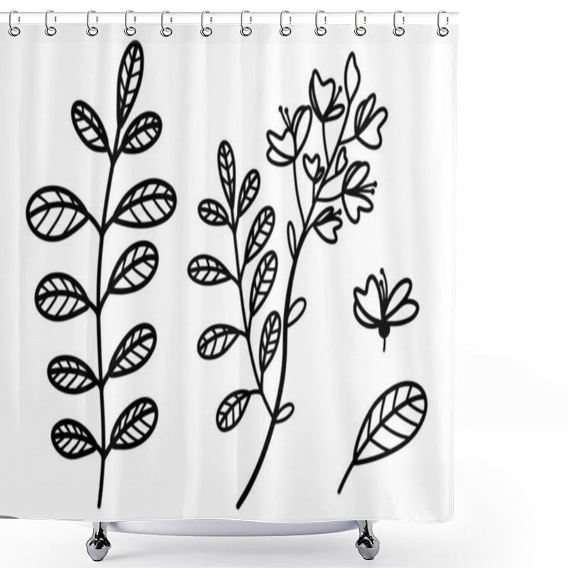 Personality  Collection Of Vector Illustrations Of Acacia. Branches, Leaves, Flowers Of Acacia. Hand-drawn Botanical Sketch. Thin Plant Outline, Black Doodle. Isolated Tree Illustration On White. Flora Elements. Monochrome. Shower Curtains