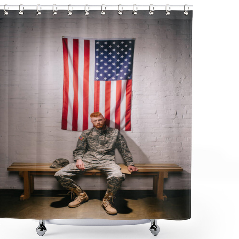 Personality  Soldier In Military Uniform With Letter Sitting On Wooden Bench With American Flag On White Brick Wall Behind, 4th July Holiday Concept Shower Curtains