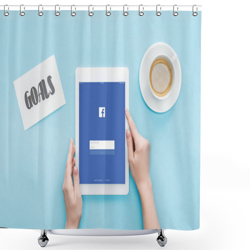 Personality  Cropped View Of Female Using Digital Tablet With Facebook App On Screen, Goals Lettering On Card And Coffee On Blue Background Shower Curtains