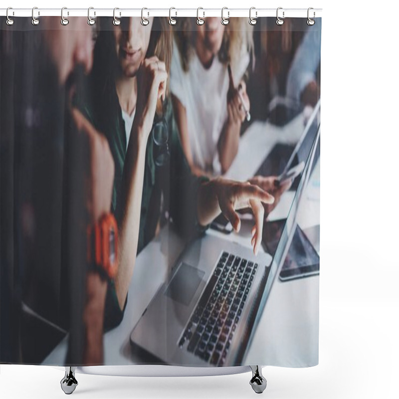 Personality  Young Woman Pointing Hand To Laptop Display.Team Of Young Coworkers Work Together At Night Office.Horizontal.Blurred Background. Shower Curtains