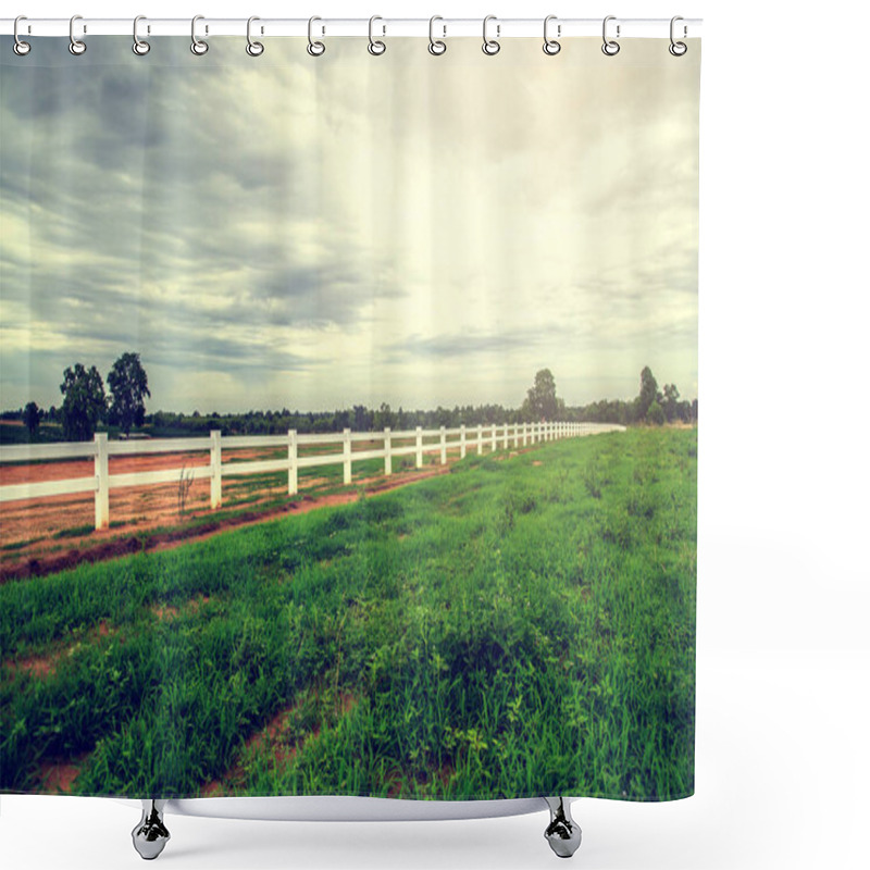 Personality  White Fence In Farm Field And Overcast Sky Shower Curtains