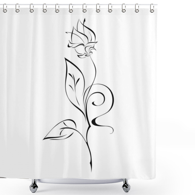 Personality  One Flower Bud On Stem With Leaves And Curls In Black Lines On White Background Shower Curtains