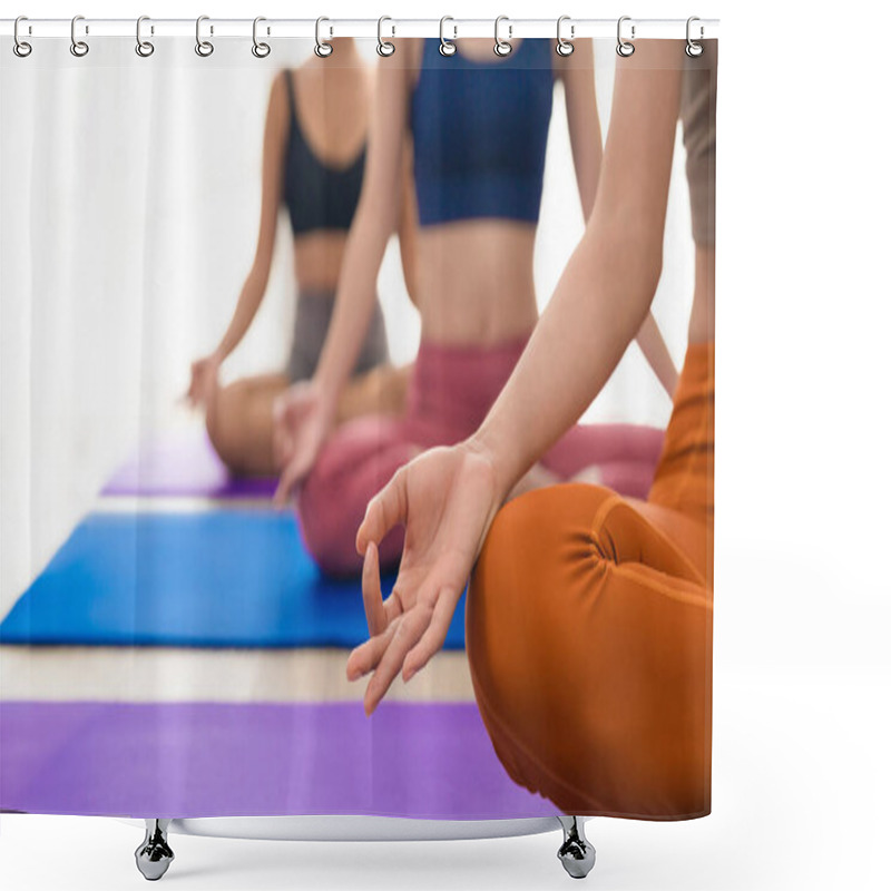 Personality  A Close-up Of A Woman's Hand In A Mudra During A Group Meditation, Symbolizing Peace And Mindfulness Shower Curtains