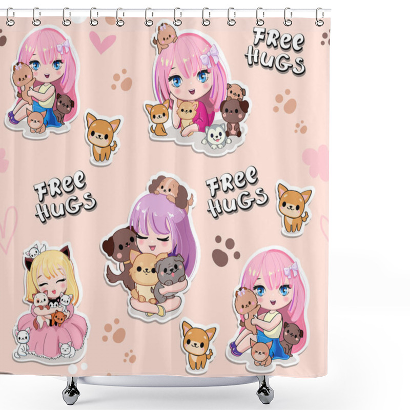 Personality  Cute Cartoon Anime Girls With Little Kittens And Dogs Seamless Pattern. Fashion Patch Stickers. Vector Illustration Print In Kawaii Shower Curtains