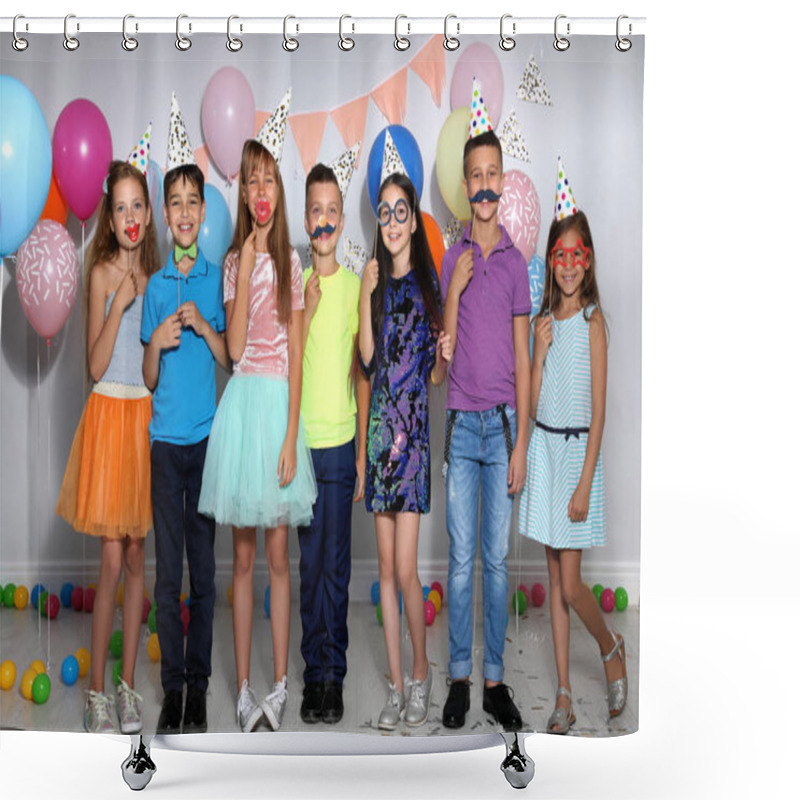 Personality  Happy Children With Photo Booth Props At Birthday Party Indoors Shower Curtains