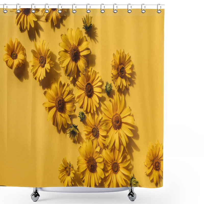 Personality  Flat Lay Yellow Daisy Flower Buds On Yellow Background. Top View. Shower Curtains