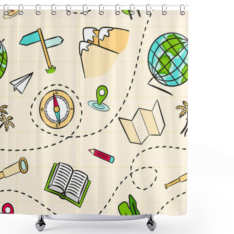 Personality  Seamless Kids Pattern With School Geographic Elements. Pattern With Hand Drawn Education Objects, Globe, Spyglass, Navigation, Route, Pointer, Ruler On Maps Sheet. Vector Background. Shower Curtains