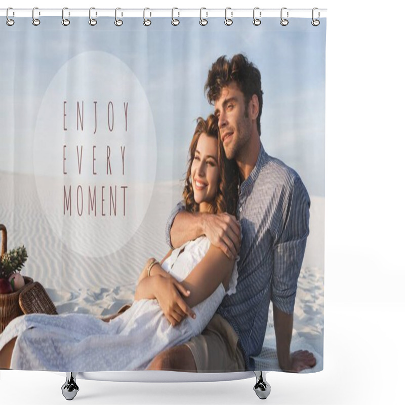 Personality  Smiling Young Couple Hugging While Having Picnic On Beach, Enjoy Every Moment Illustration Shower Curtains