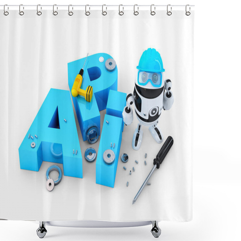 Personality  Robot With Tools And Application Programming Interface Sign. Technology Concept Shower Curtains