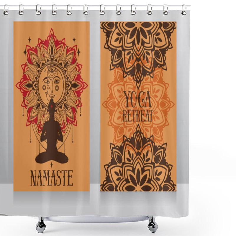 Personality  Banner For Yoga Studio Or Yoga Retreat With Human In Lotus Asana And Fantasy Mandala Ornament, Vector Illustration Shower Curtains