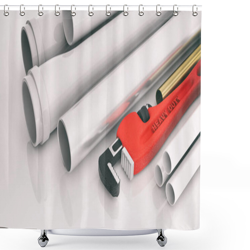 Personality  Monkey Wrench And Pipes On White Background. 3d Illustration Shower Curtains