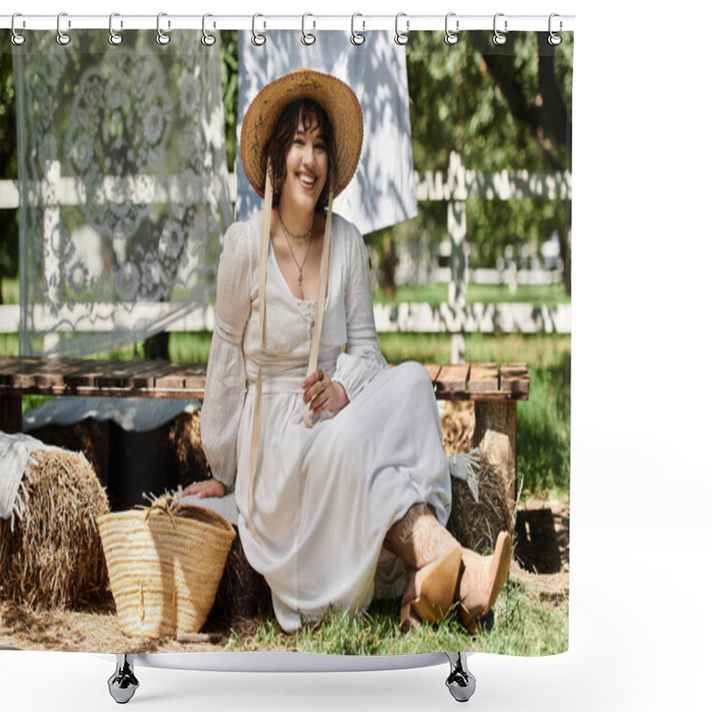 Personality  A Woman In A White Dress And Straw Hat Smiles Brightly In A Summer Garden Setting. Shower Curtains