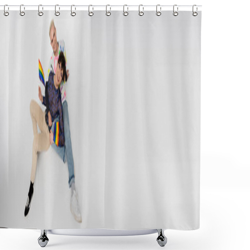 Personality  Top View Of Happy Nonbinary Person And Gay Sitting With Lgbtq Flags On Grey Background, Banner Shower Curtains