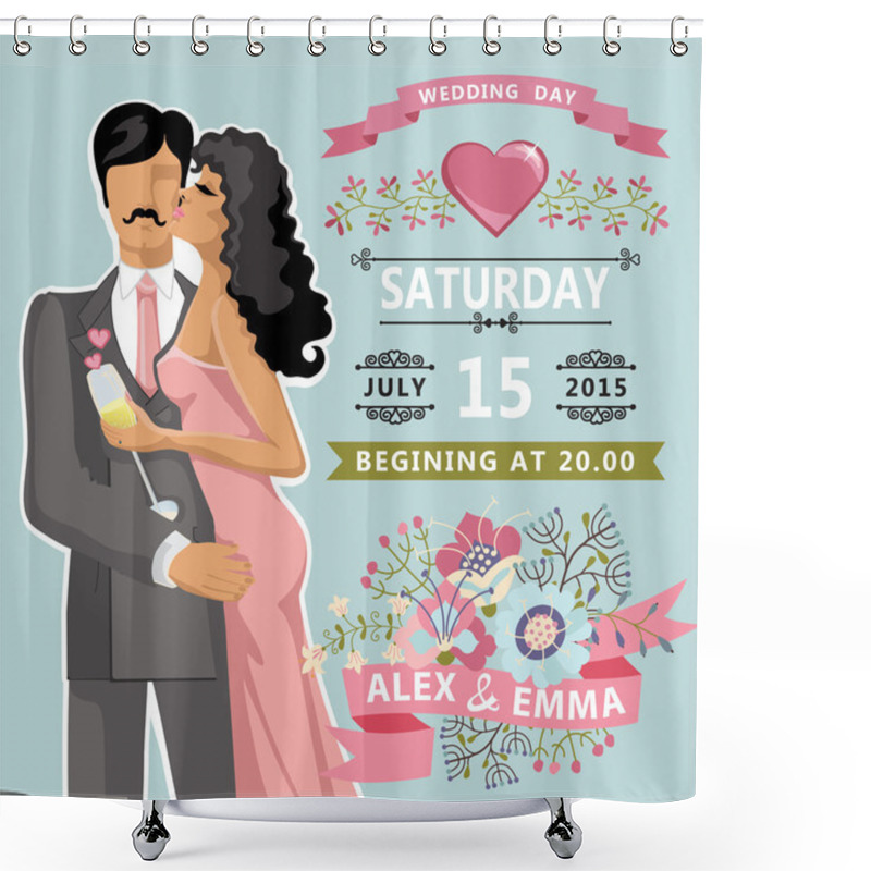 Personality  Retro Wedding Invitation.Floral Elements,Cartoon Bride, Groom Shower Curtains