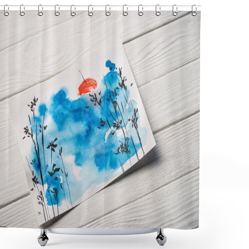 Personality  High Angle View Of Paper With Japanese Painting With Blue Sky, Branches And Sun On Wooden Background Shower Curtains