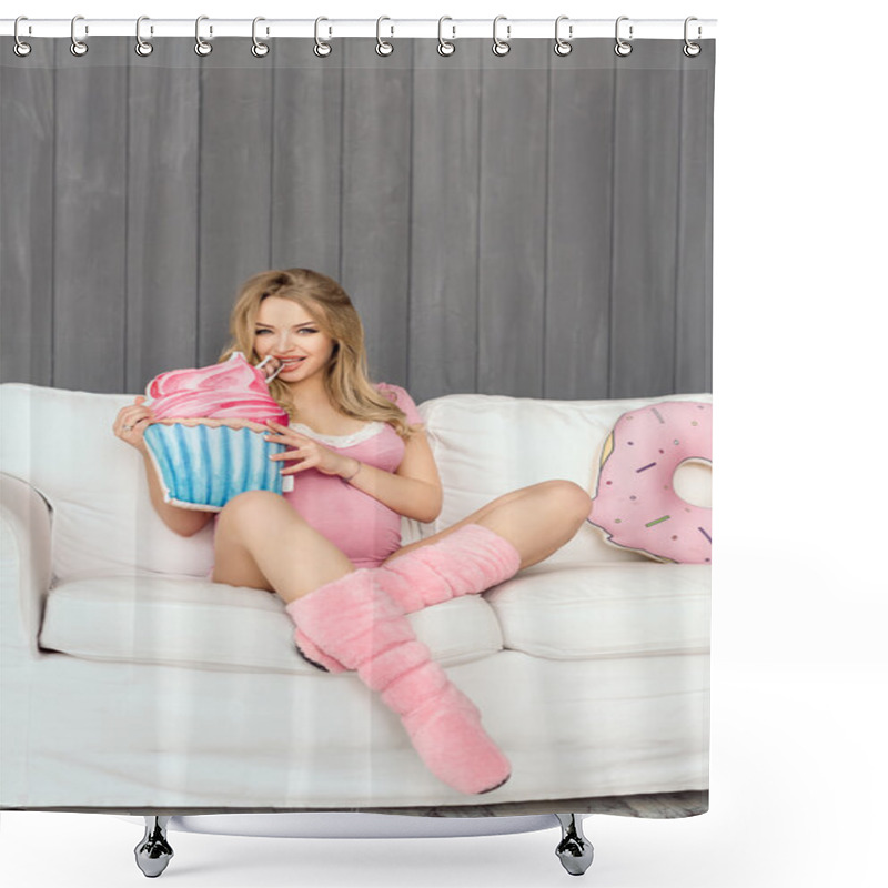 Personality  Pregnant Woman With Toys Of Ice Cream Posing Indoors At Home. Heath Care And Food Consept. Shower Curtains