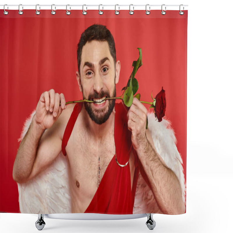 Personality  Excited Man In Cupid Costume Grimacing And Holding Rose In Teeth On Red, St Valentines Day Party Shower Curtains