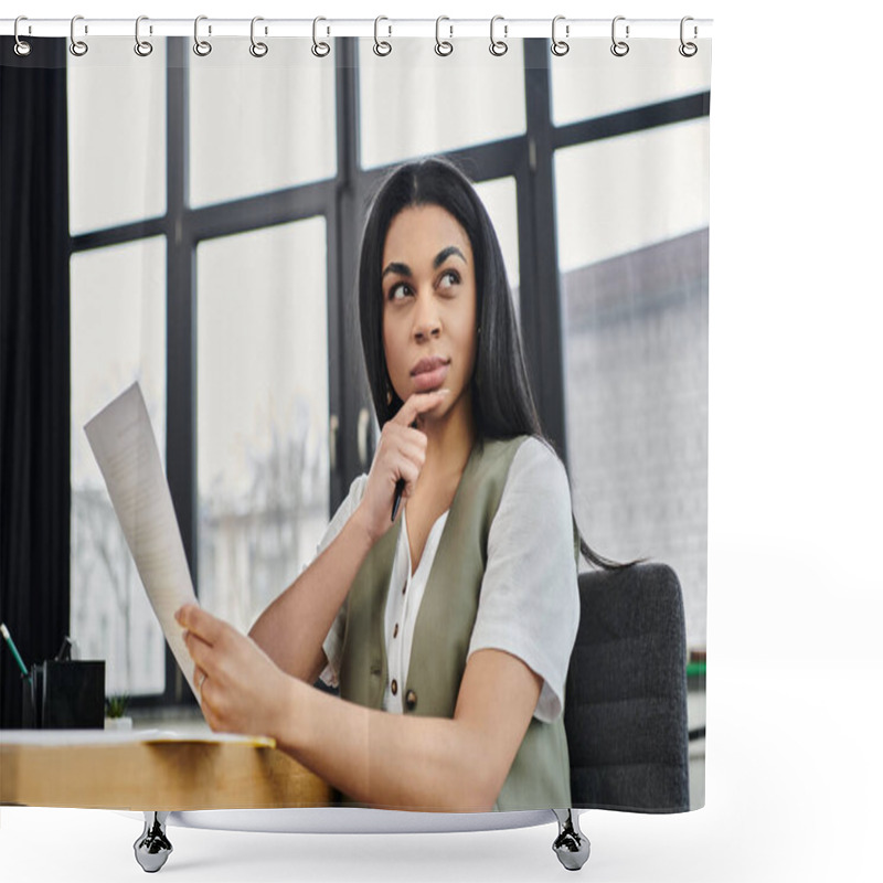 Personality  Pensive Woman Contemplates Important Documents At Her Workspace. Shower Curtains