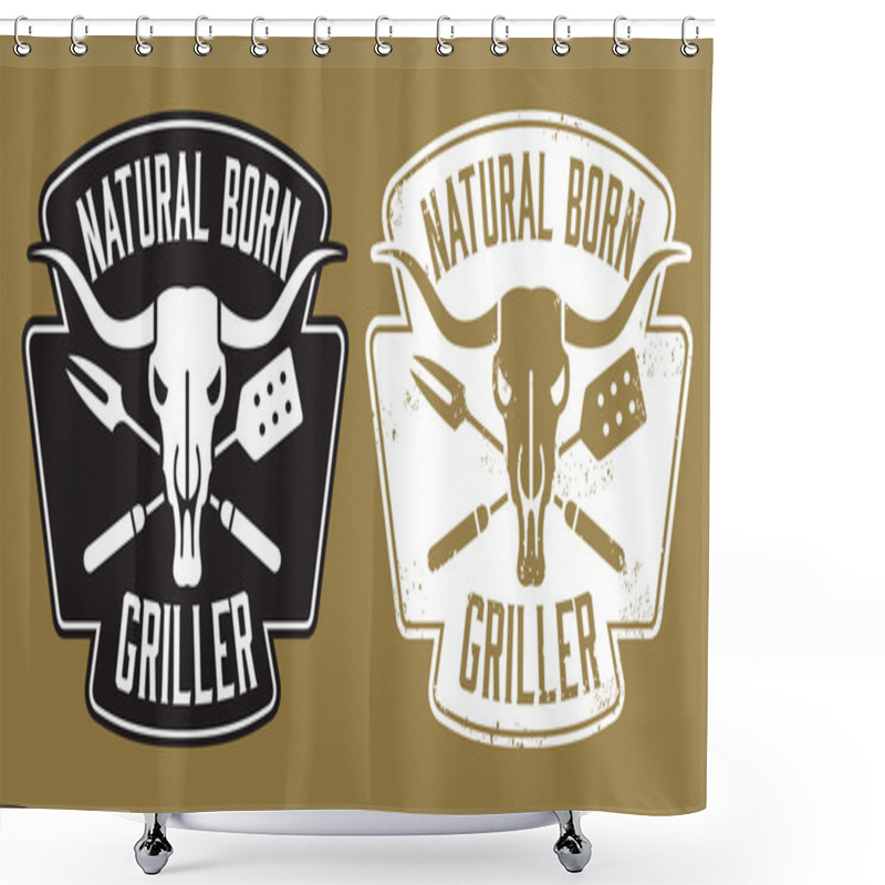 Personality  Natural Born Griller Barbecue Vector Image With Cow Skull And Crossed Utensils. Shower Curtains