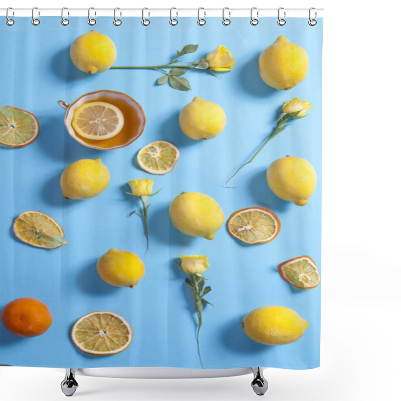 Personality  Tropical Pattern From Cup Of Tea, Roses And Lemons Different Sizes Scattered On Blue Background. Fresh Design For Printing The Summer Theme. Shower Curtains