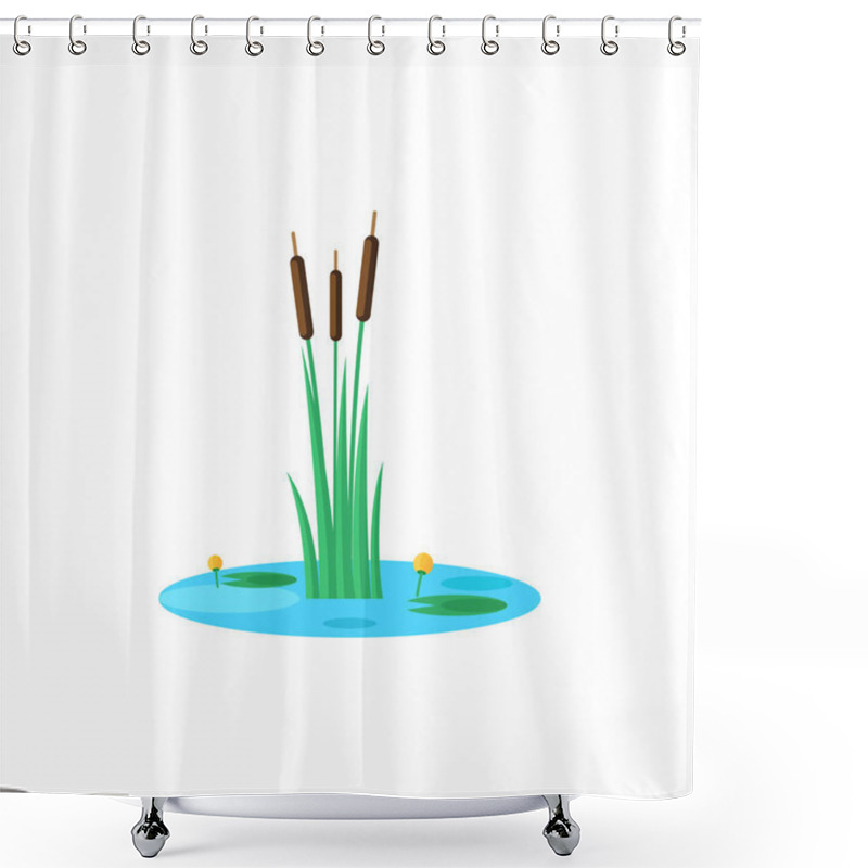 Personality  Reed And Water Lilies On The Pond Mini Scene, Natural Landscape Miniature Isolated Vector Illustration Shower Curtains