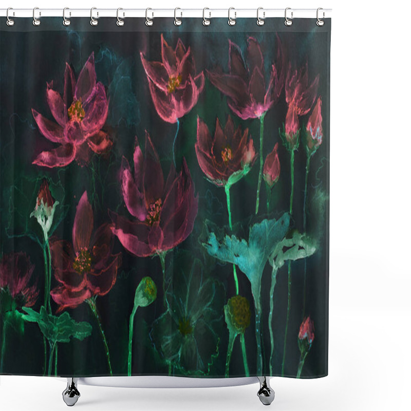 Personality  Pink Velvet Lotus Flowers In The Night. The Dabbing Technique Near The Edges Gives A Soft Focus Effect Due To The Altered Surface Roughness Of The Paper Shower Curtains