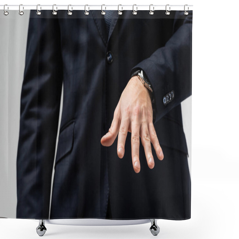 Personality  Cropped View Of Businessman In Suit Manipulating With Hand Isolated On Grey Shower Curtains