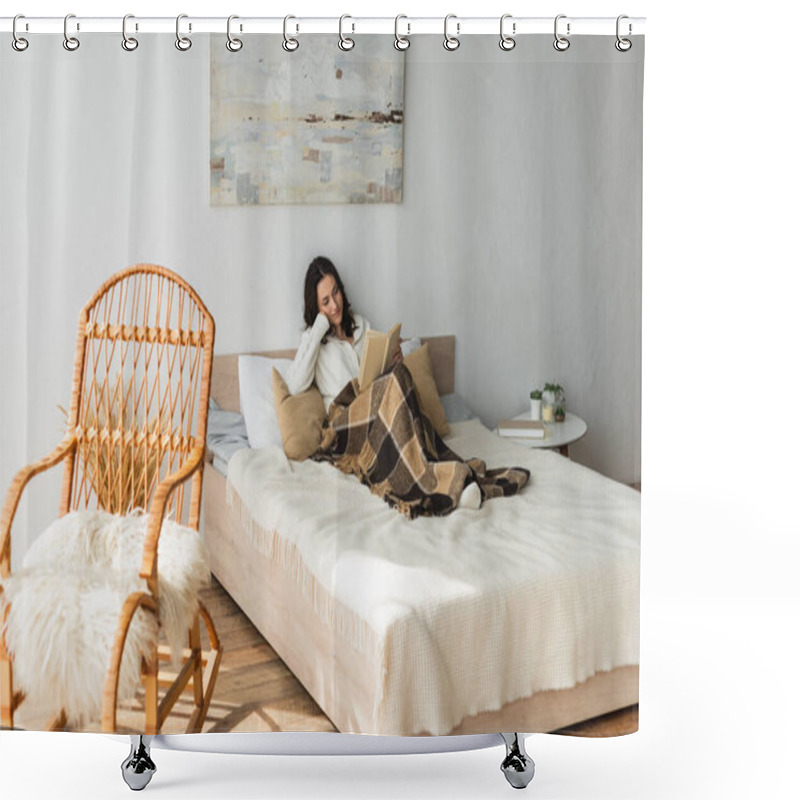 Personality  Brunette Woman Reading Book In Bed Under Plaid Blanket Near Wicker Chair Shower Curtains