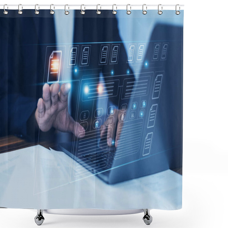 Personality  Businessman Using Software Computer Check Data Document On Server For Documents Management Concept Shower Curtains