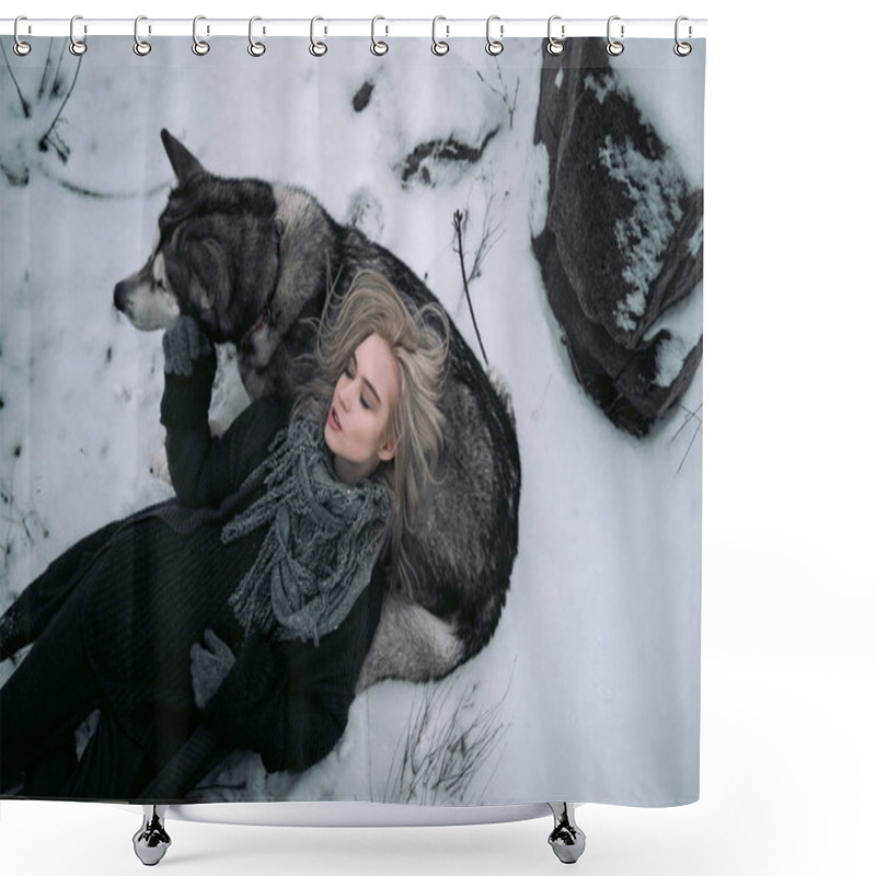 Personality  Girl With Big Malamute Dog On Winter Background.  Shower Curtains