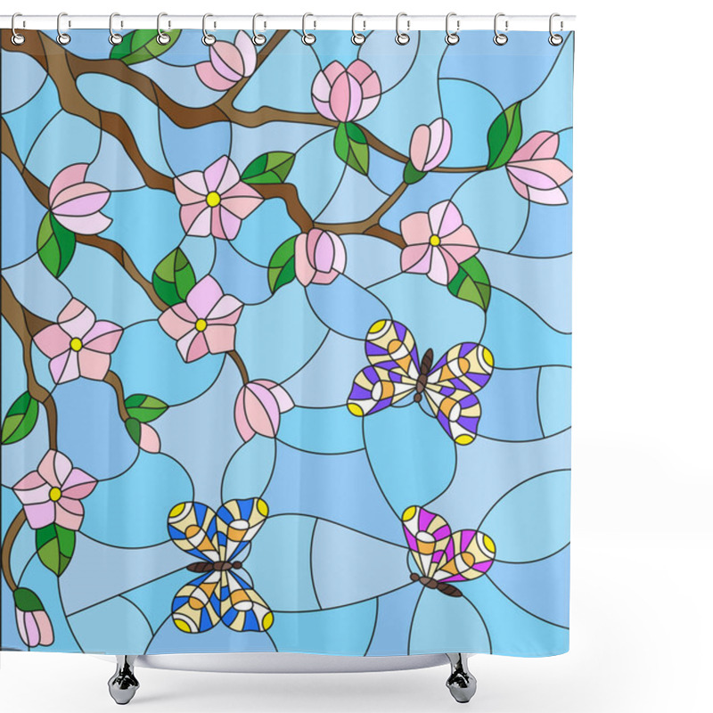 Personality  Illustration In Stained Glass Style With Abstract Cherry Blossoms And Butterflies On A Sky Background Shower Curtains