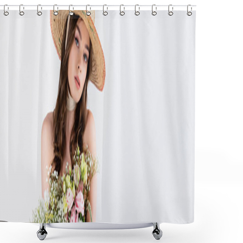 Personality  Young Model In Sun Hat With Naked Shoulders Looking At Camera Near Bouquet Isolated On Grey, Banner  Shower Curtains