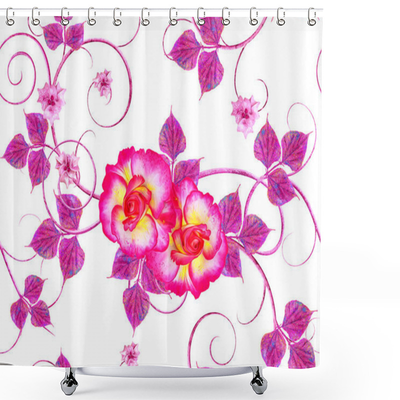 Personality  Violet, Pink Flowers With A Paisley Element, Delicate Curls, Bright Leaves, Inflorescences Of Berries. Floral Seamless Pattern. Shower Curtains