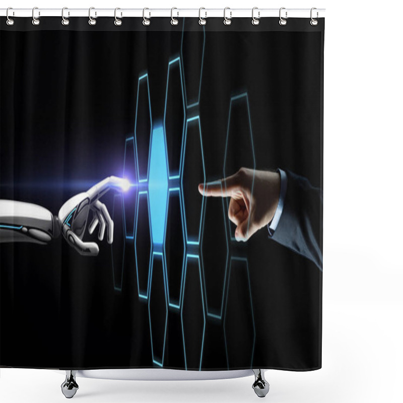 Personality  Robot And Human Hand Touching Network Hologram Shower Curtains