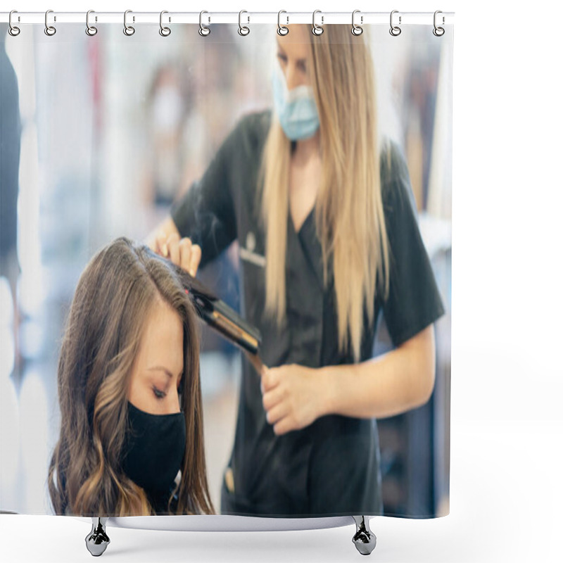 Personality  Hairdresser, Protected By A Mask, Combing Her Clients Hair With A Hair Iron In A Salon. Shower Curtains