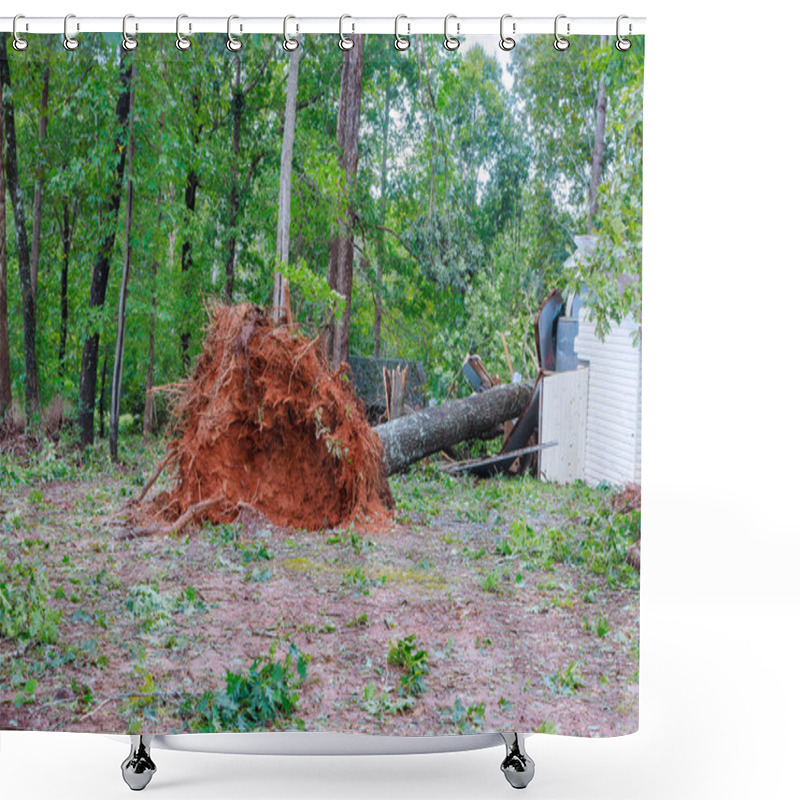 Personality  Large Tree Lies Uprooted In Backyard, Its Exposed Roots Fallen Branches Scattered Destroyed Shed Aftermath Of Recent Storm Event. Shower Curtains