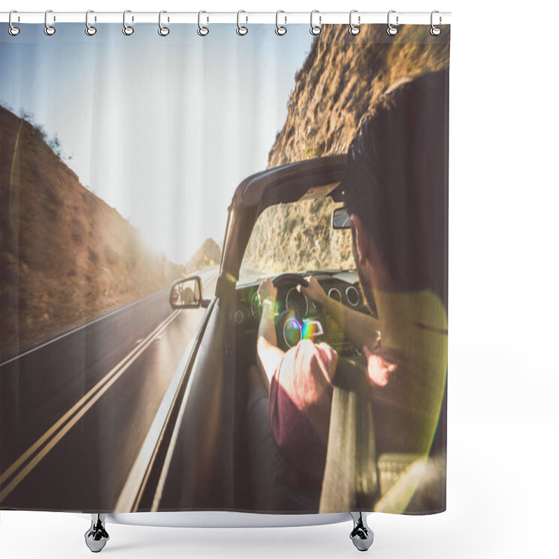 Personality  Man Driving Convertible Car In Los Angeles, Santa Monica Shower Curtains