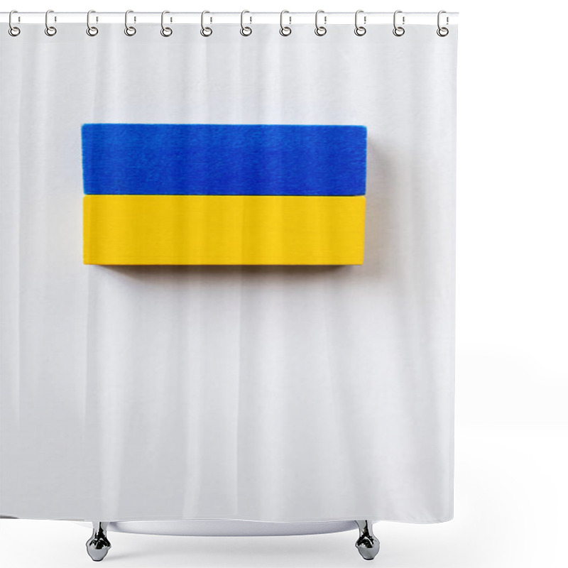 Personality  Top View Of Blue And Yellow Blocks On White Background With Copy Space, Ukrainian Concept Shower Curtains