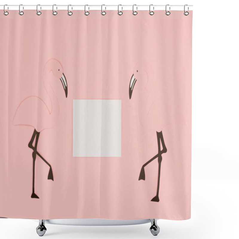 Personality  Close-up View Of Blank White Card And Papercut Flamingos Isolated On Pink Shower Curtains