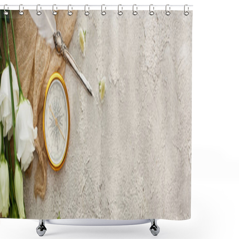 Personality  Panoramic Shot Of Quill Pen On Beige Sackcloth Near Golden Compass, Scattered Flowers And White Eustoma Flowers On Grey Textured Surface Shower Curtains