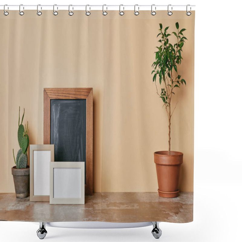 Personality  Plants And Photo Frames On Dusty Table On Beige Background Shower Curtains