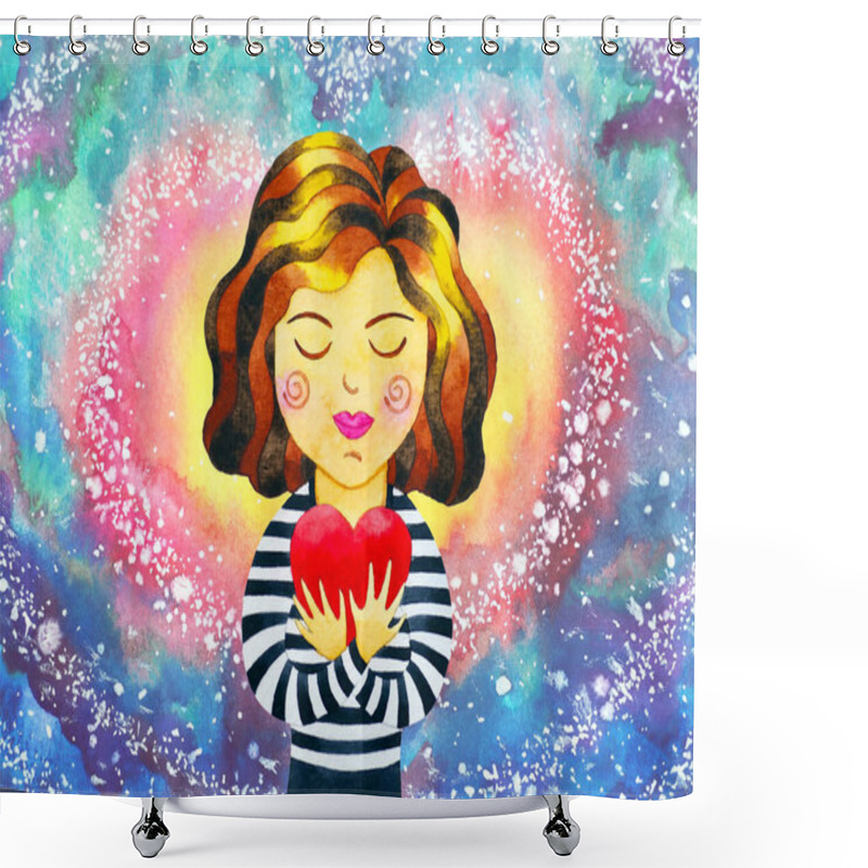 Personality  Girl Woman Love Yourself Heal Red Heart Spirit Mind Health Spiritual Mental Energy Emotion Connect To The Universe Power Abstract Art Watercolor Painting Illustration Design Shower Curtains