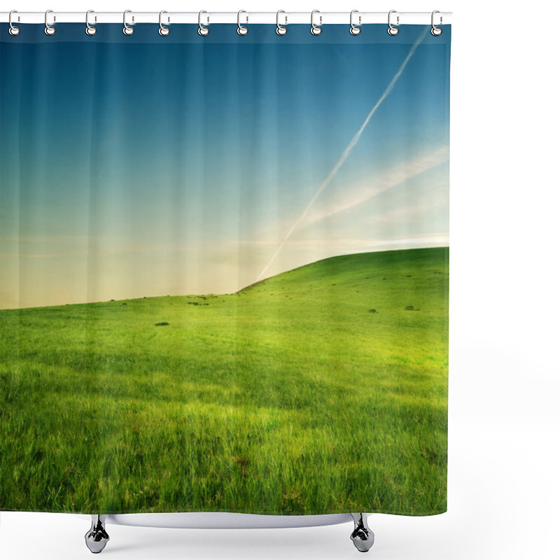 Personality  Trace Of Airplane Over Green Hills Shower Curtains