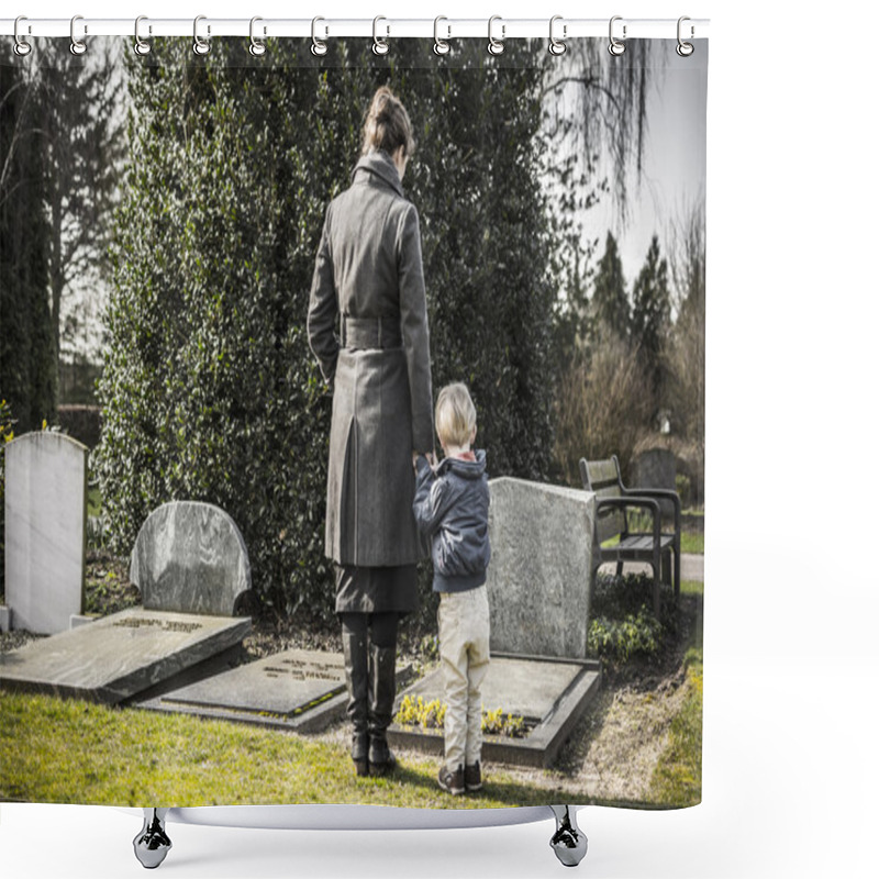 Personality  Woman And Child At Graveyard Shower Curtains