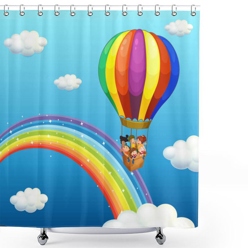 Personality  Children Riding In Big Balloon Over The Rainbow Shower Curtains