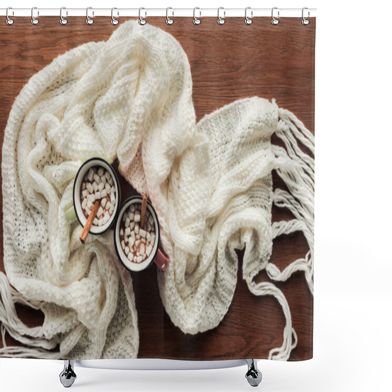 Personality  Flat Lay With Mugs With Hot Chocolate, Marshmallows And Cinnamon Sticks, White Knitted Scarf On Wooden Surface Shower Curtains