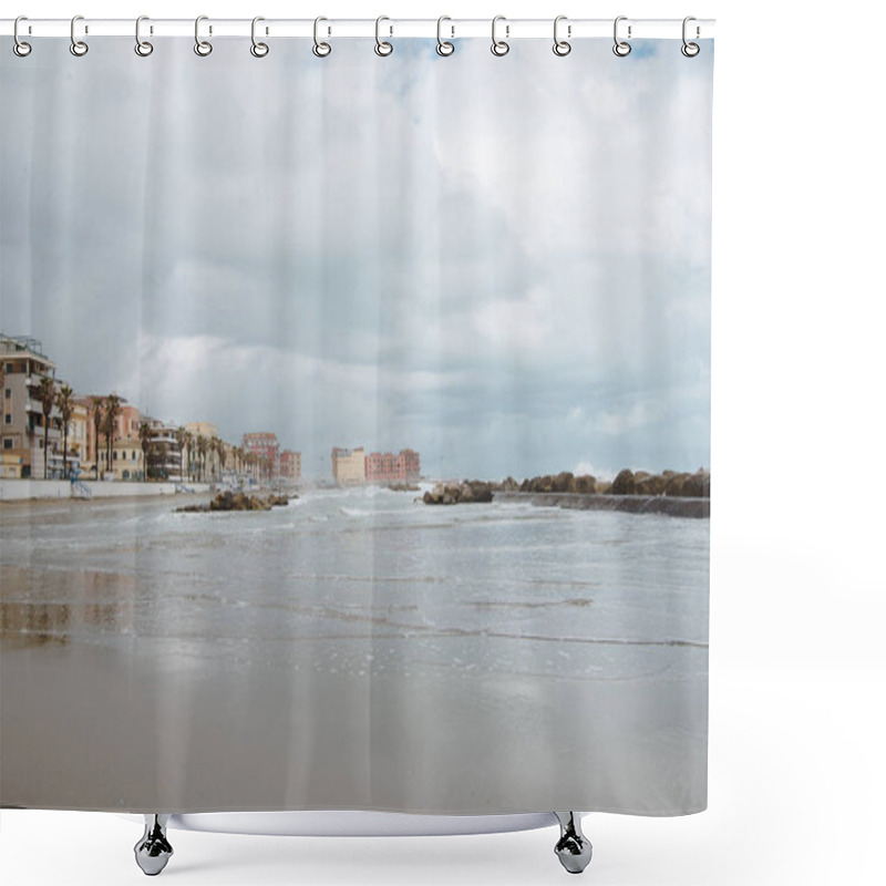 Personality  Row Of Buildings Over Coastline On Cloudy Day, Anzio, Italy Shower Curtains