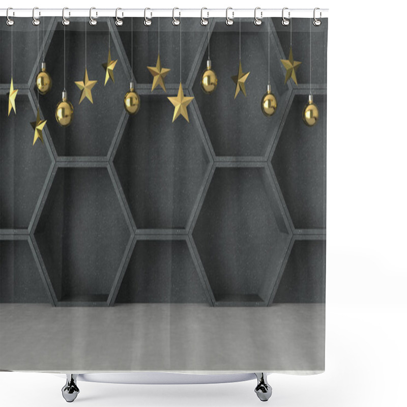 Personality  Hanging Golden Balls And Stars Ornaments On Hexagons Background. For New Year Or Christmas Theme. 3D Rendering. Shower Curtains